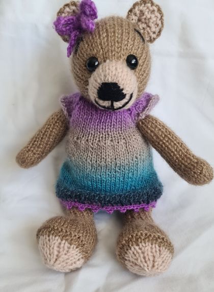 Hand-Knitted Teddy Bear 27cm tall, colored clothes.